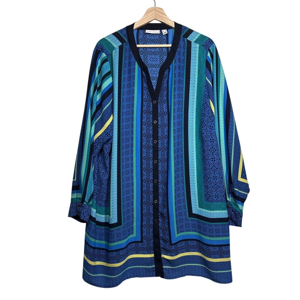 Susan Graver Button Front Blouse Long Sleeve Polyester Plus Size 26W Blue Black